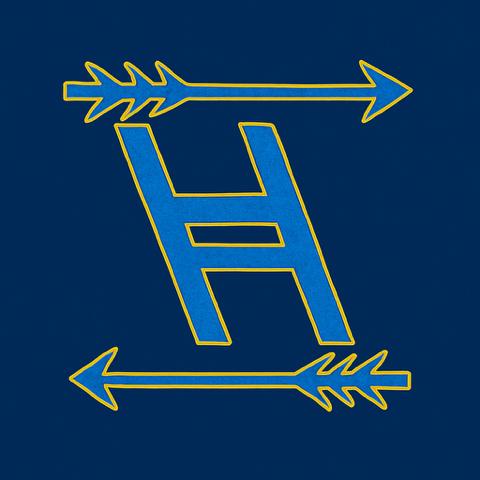 Hodr Engine logo with a blue, rune-like H edged in gold, framed by two gold arrows. The top arrow points right and the bottom points left, set on a dark blue background.